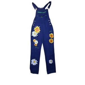 Miss Look Floral Overalls Women’s Medium Dark Blue 100% Cotton Tapered Leg